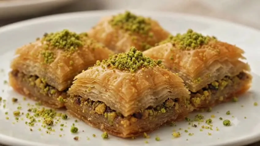 Supplied dessert montage: pistachio-topped baklava, golden kunafa and a biscuit-topped dessert.