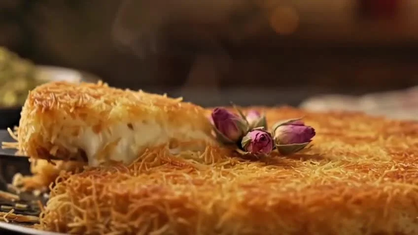 Supplied dessert film: golden kunafa with a soft cheese centre.